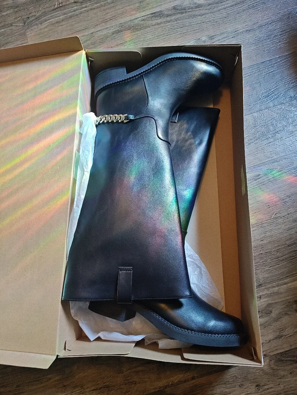 8.5 Black Knee-High Boots With Gold Chain Accent